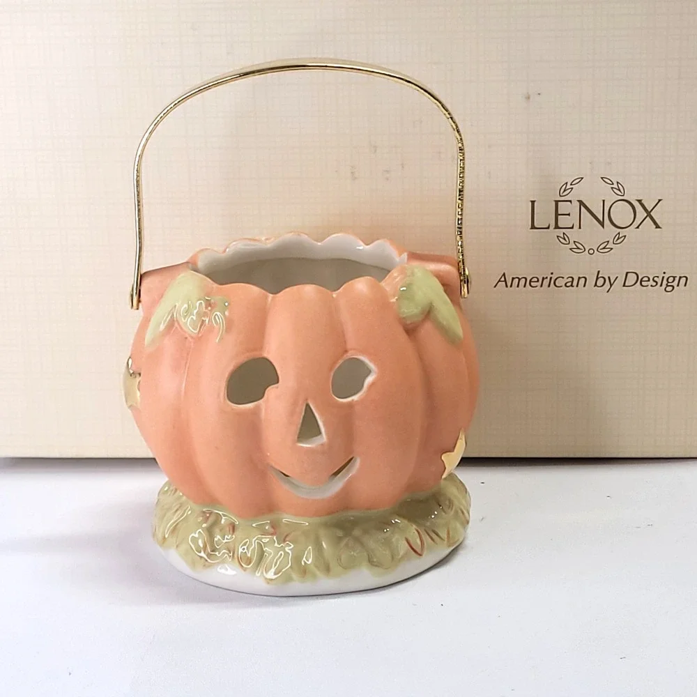 fall pumpkin jack-o-lantern Lenox votive set Halloween $70 porcelain ceramic